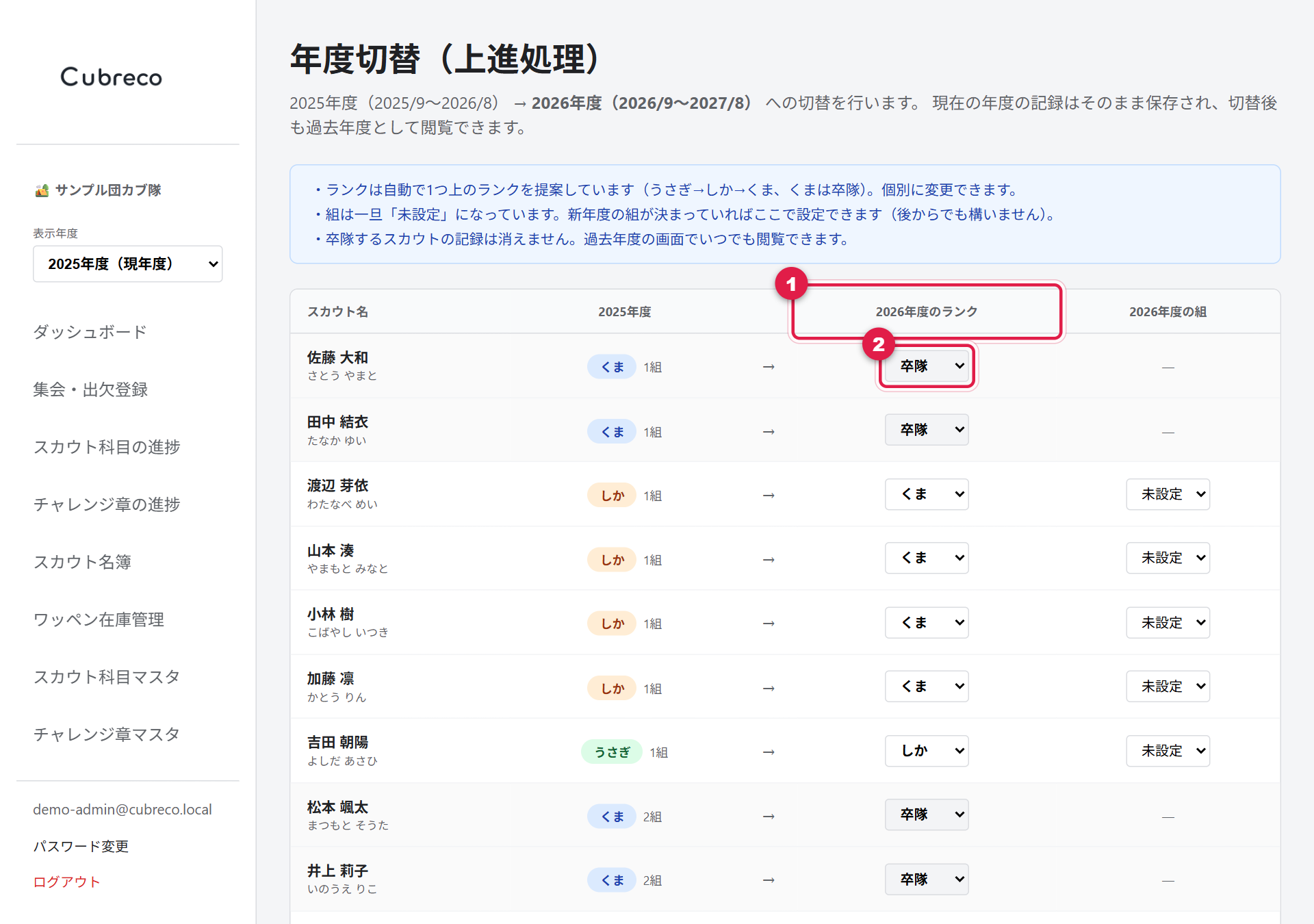 年度切替のプレビュー。新年度のランク列と、個別に変更できるプルダウンに番号が付いている