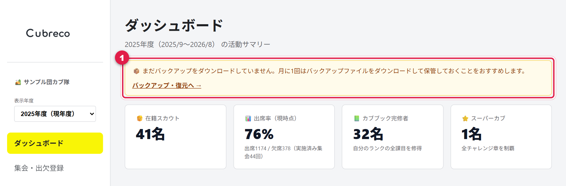 ダッシュボード上部に表示されるバックアップの注意