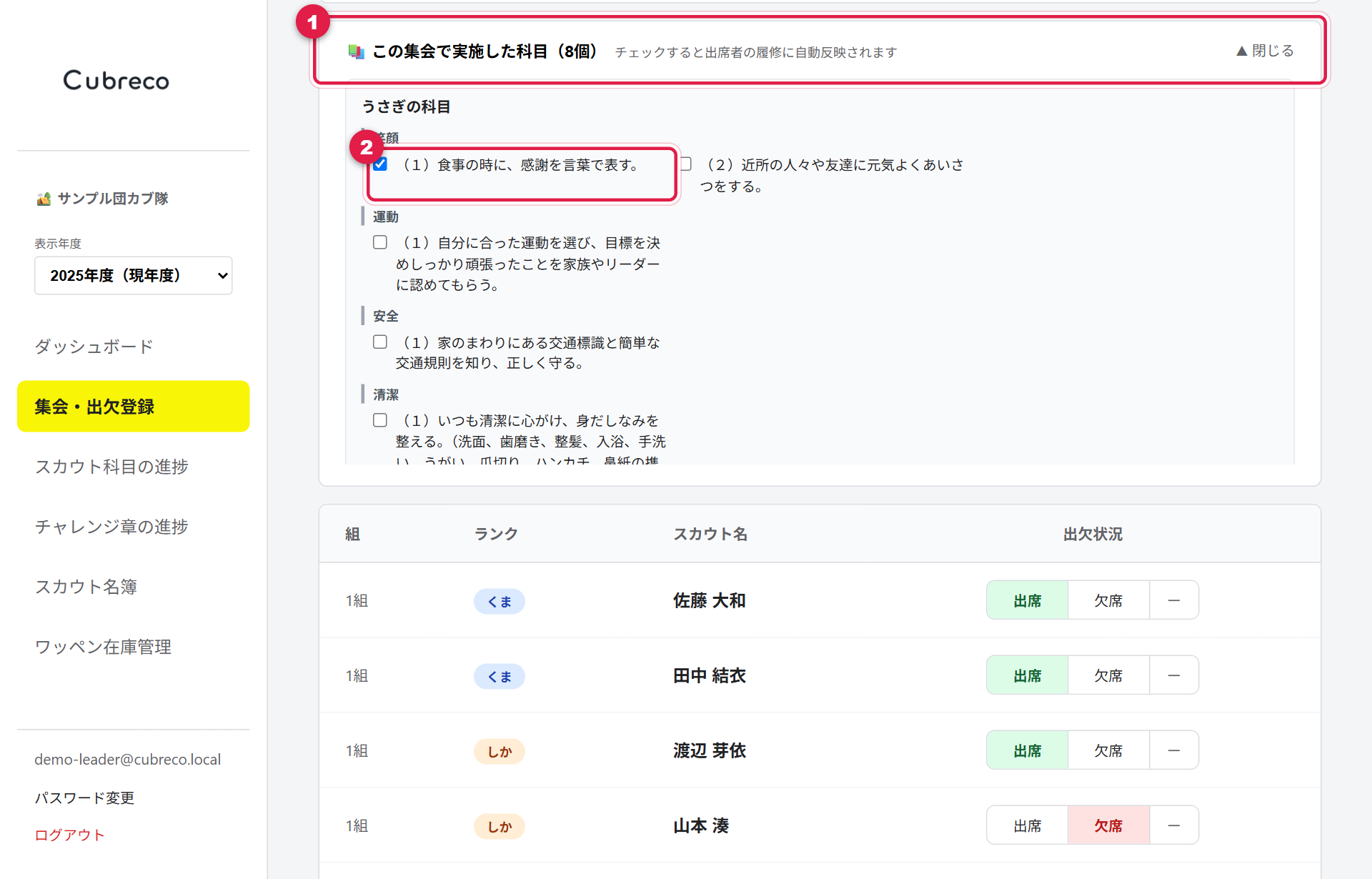 この集会で実施した科目を開いた画面。見出しと課目のチェックボックスに番号が付いている