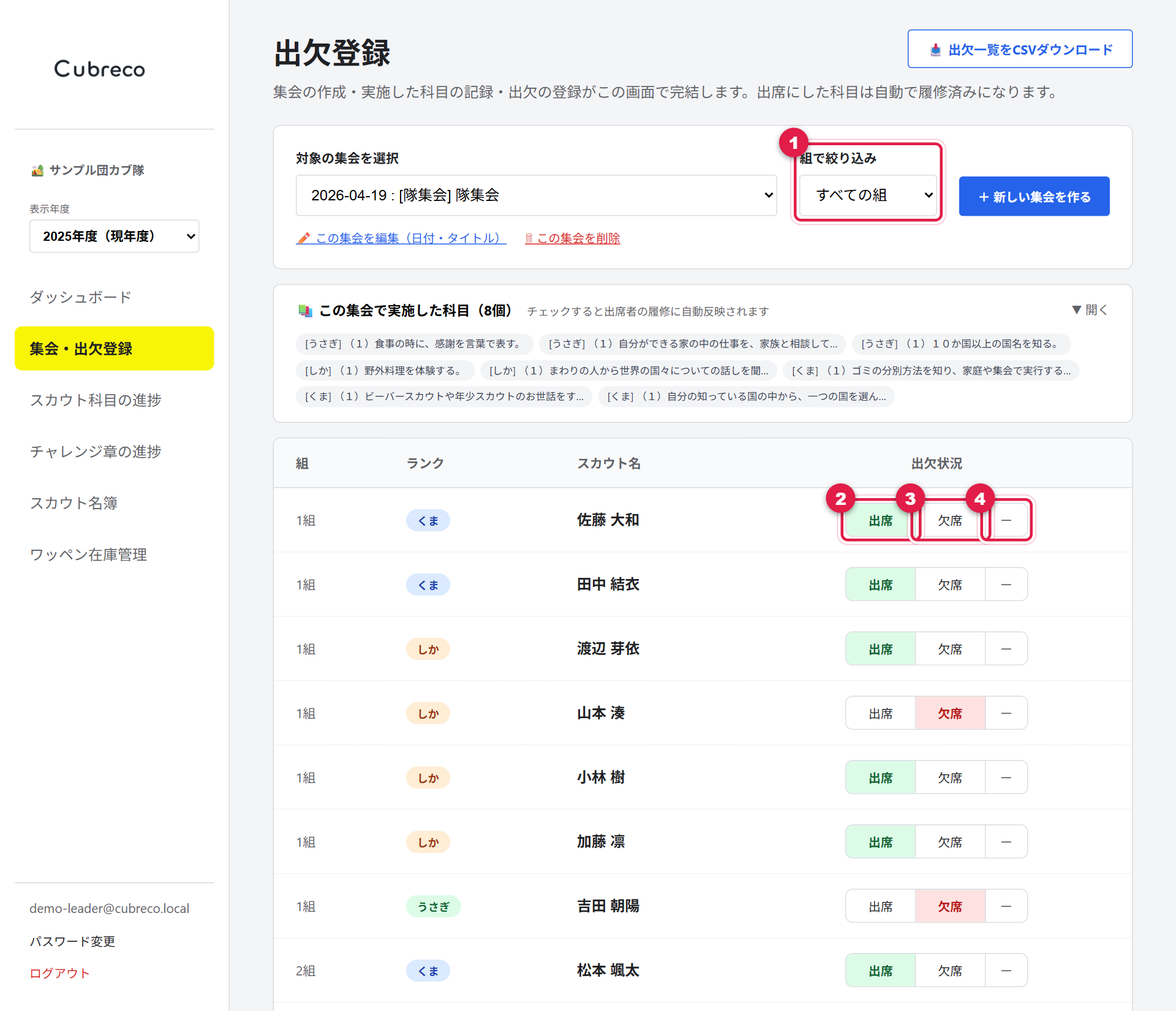 出欠の一覧。組で絞り込み、出席ボタン、欠席ボタン、取り消しボタンに番号が付いている