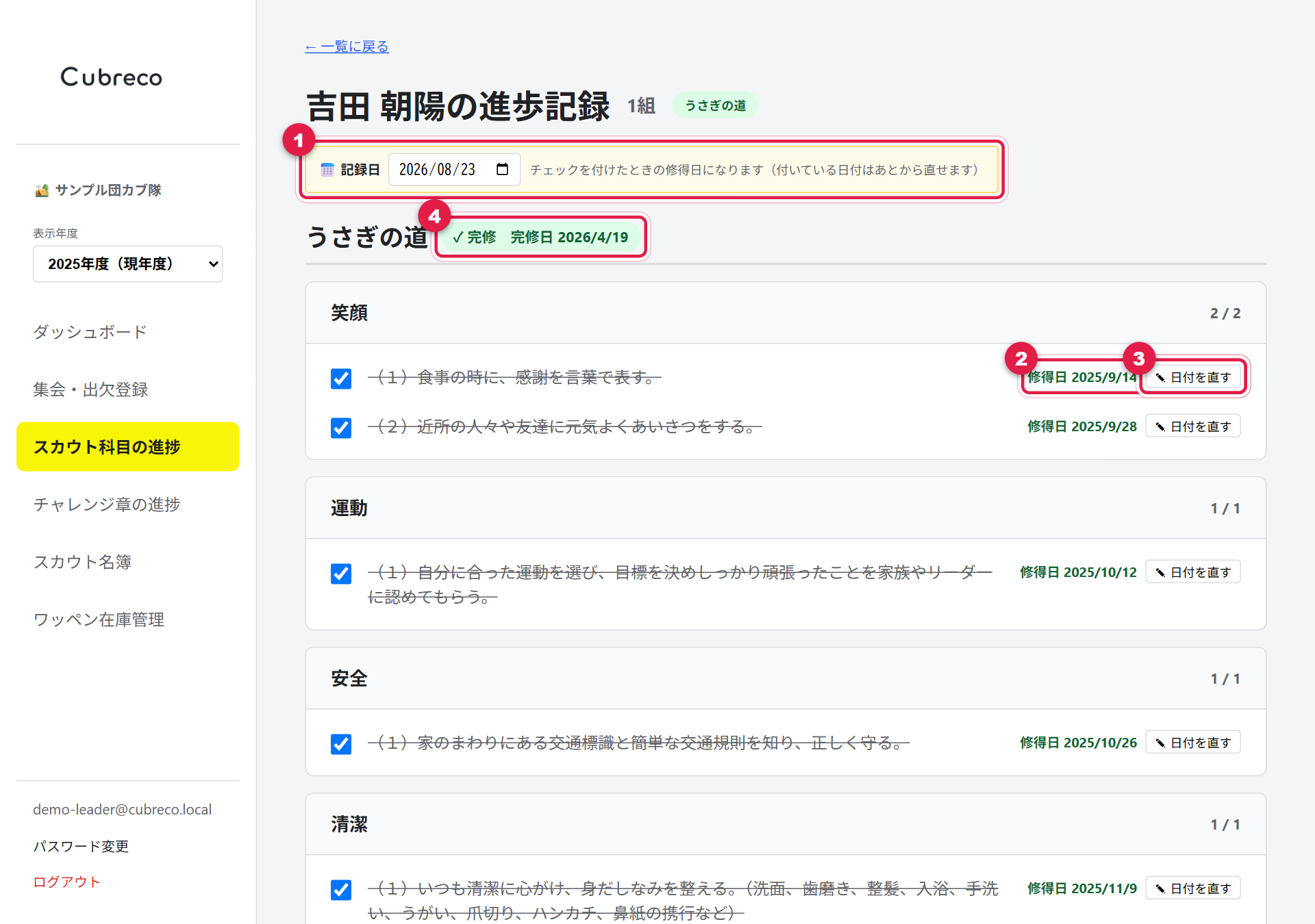 スカウト個人の進歩記録ページ。記録日、修得日、日付を直すボタン、ランクの完修日に番号が付いている