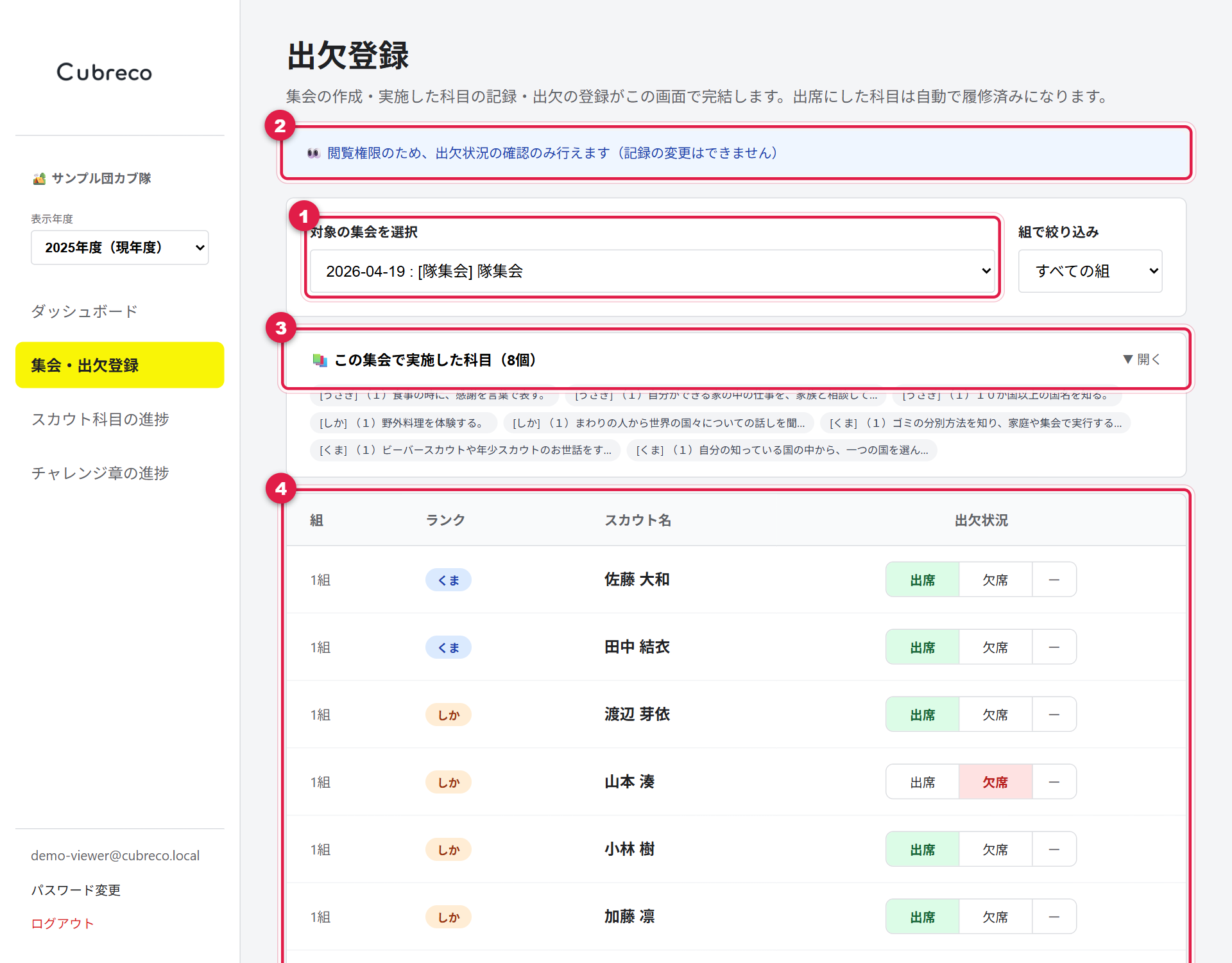 集会・出欠登録画面（閲覧）。集会の選択、閲覧のお知らせ、実施した科目、出欠一覧に番号が付いている
