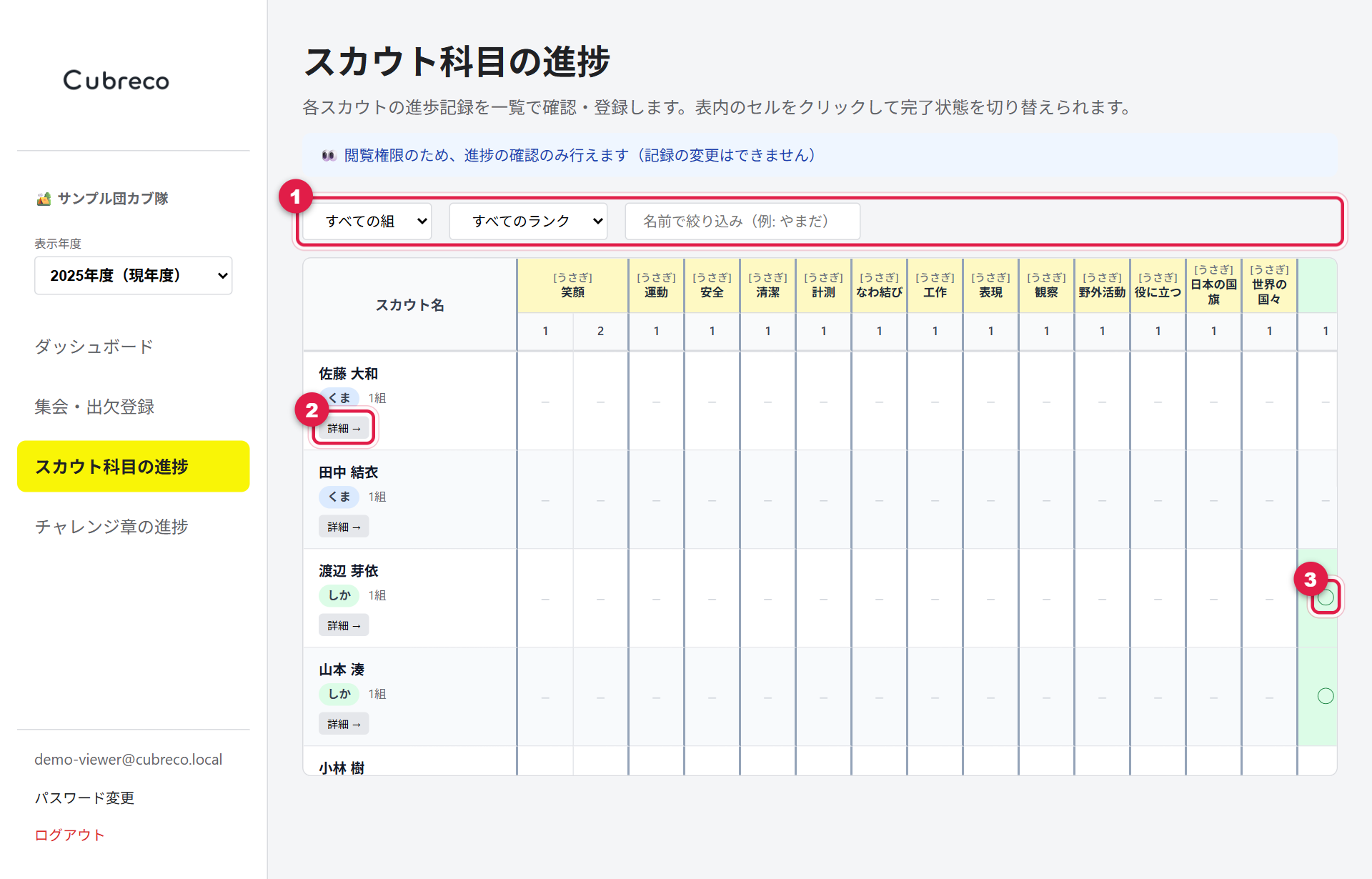 スカウト科目の進捗画面。絞り込み、詳細ボタン、修得済みのセルに番号が付いている
