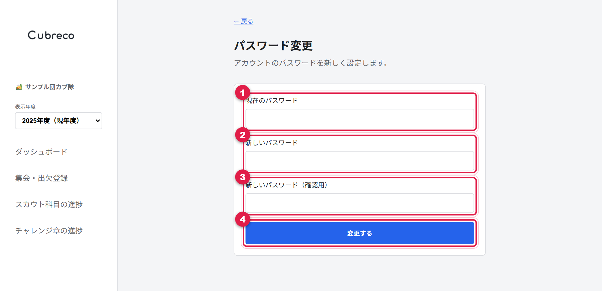 パスワード変更画面。現在のパスワード、新しいパスワード、確認用、変更するボタンに番号が付いている