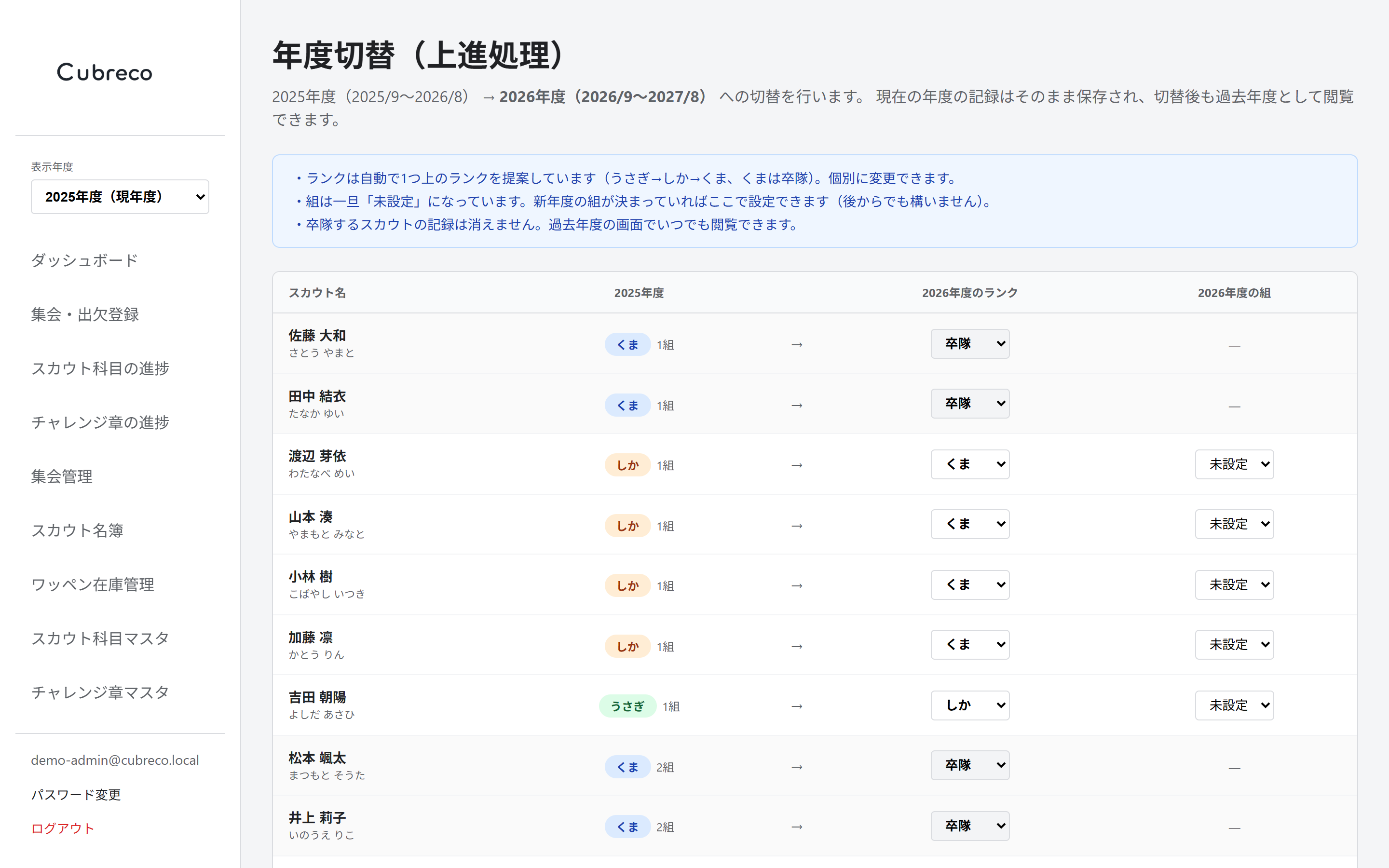 年度切替(上進処理)画面(ダミーデータ)